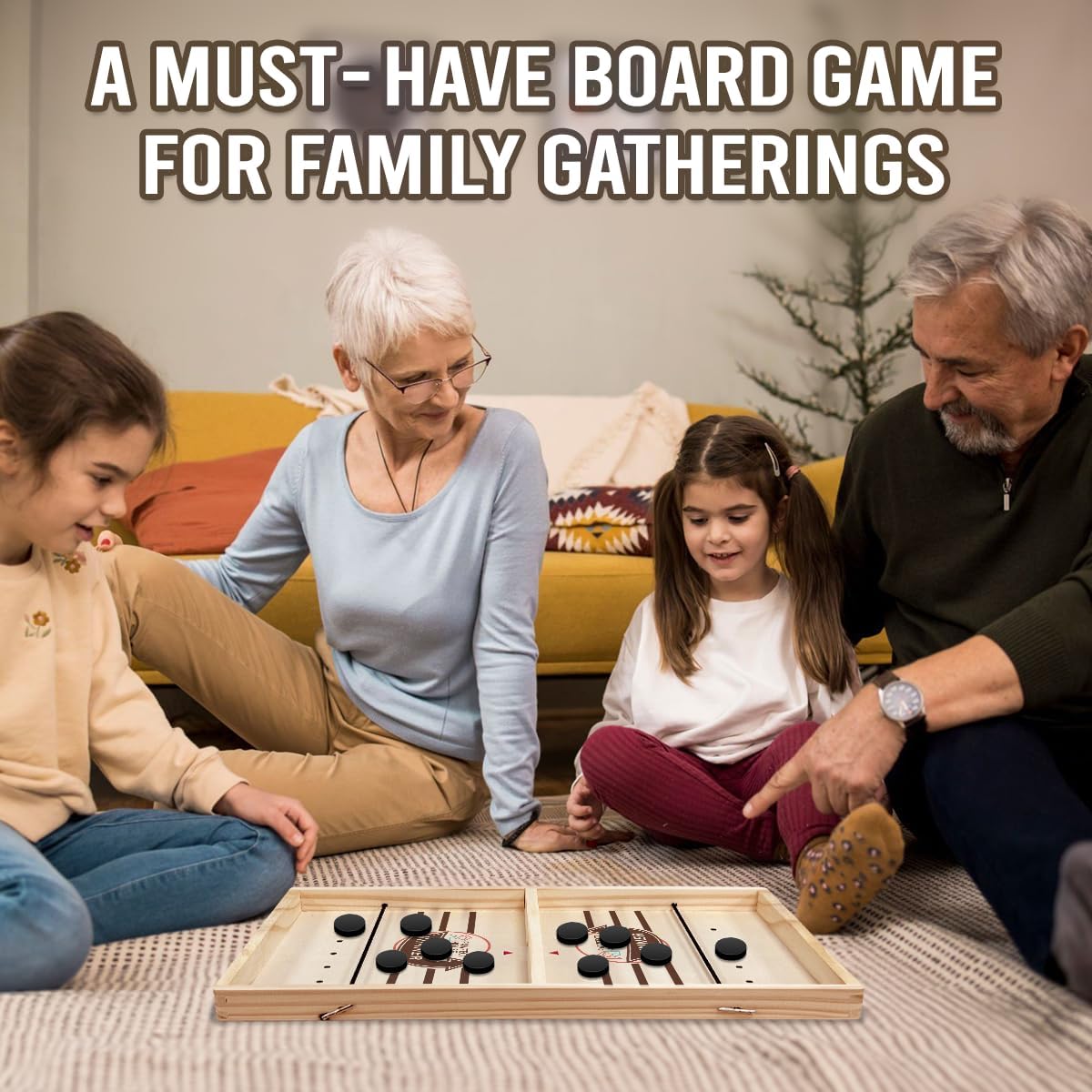 Family playing the sling puck game together on the living room floor