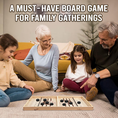 Family playing the sling puck game together on the living room floor