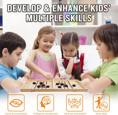 Kids playing the wooden sling puck game, building focus and hand-eye coordination