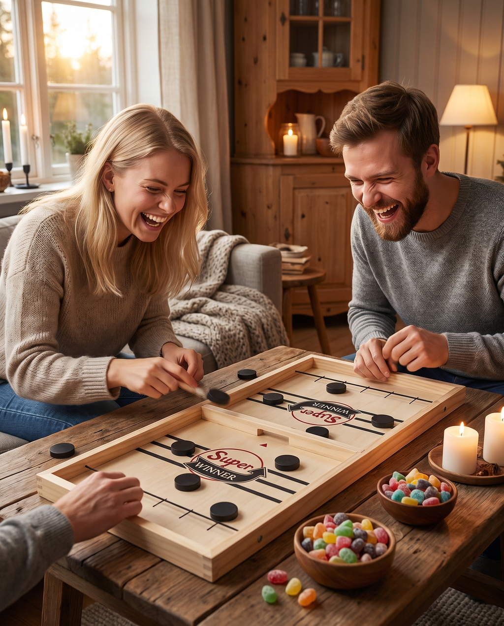 Två vänner spelar Fast Sling Puck i ett mysigt vardagsrum