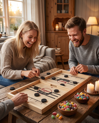 Två vänner spelar Fast Sling Puck i ett mysigt vardagsrum