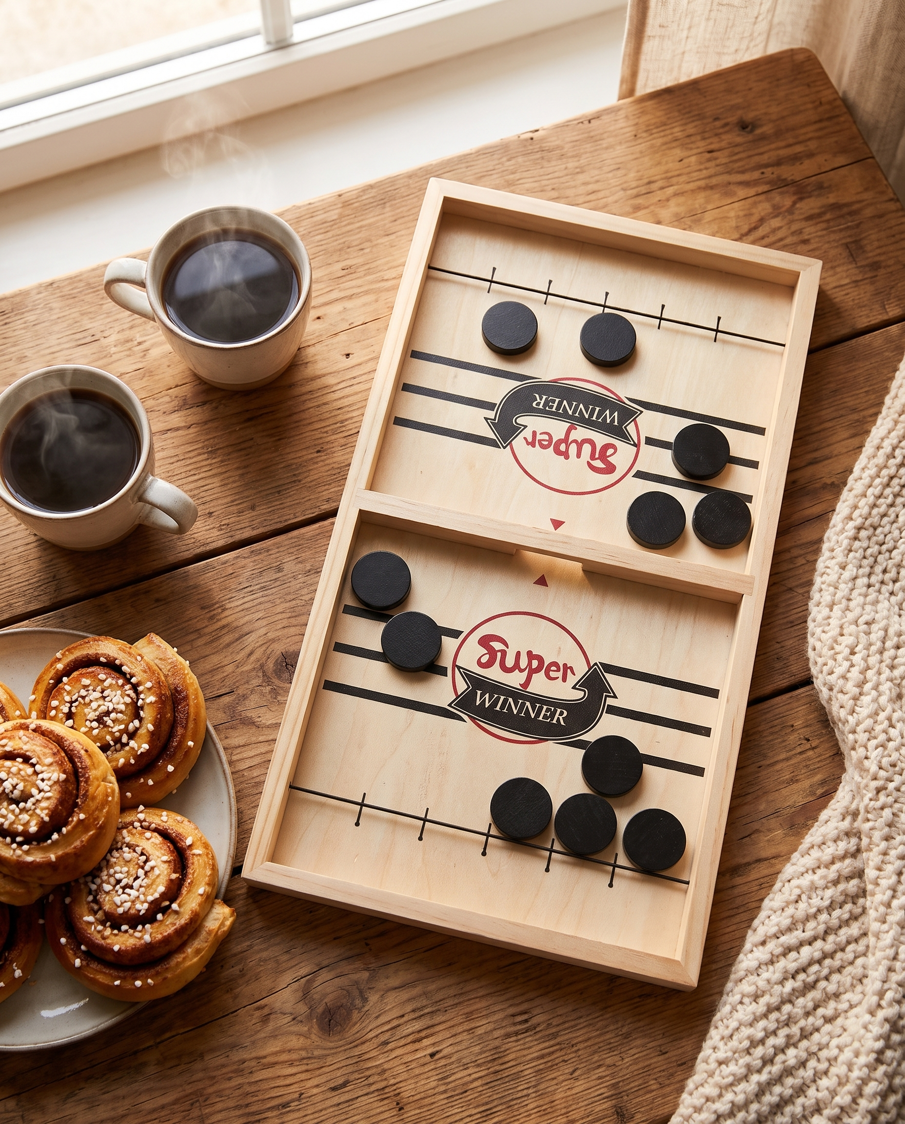 Fast Sling Puck på bord med kaffe och kanelbullar – fika