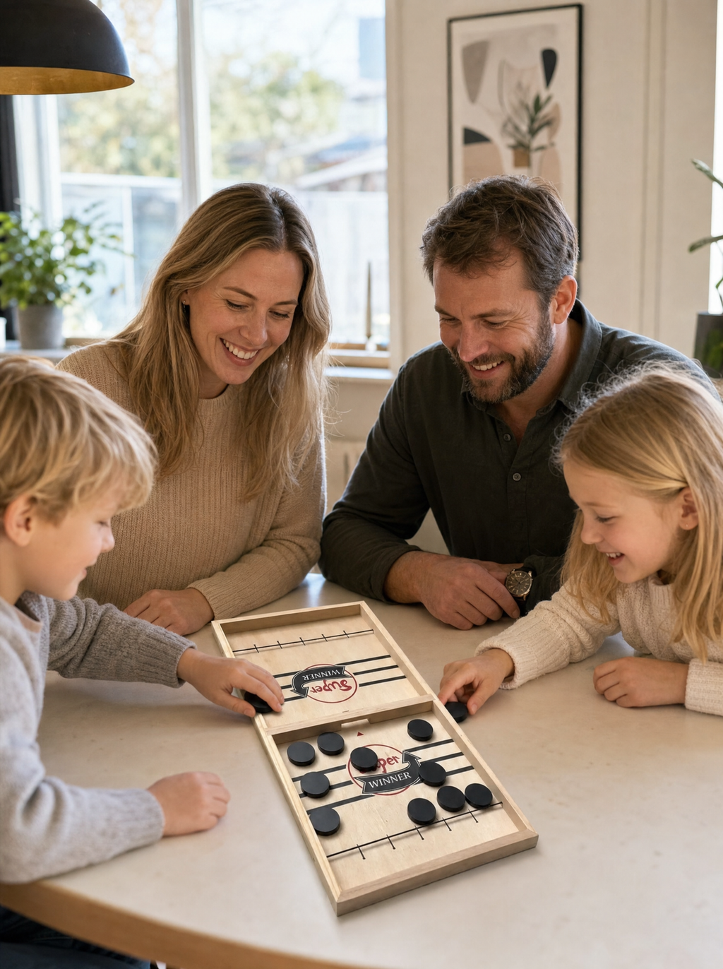 Glad familj spelar Fast Sling Puck tillsammans och skrattar