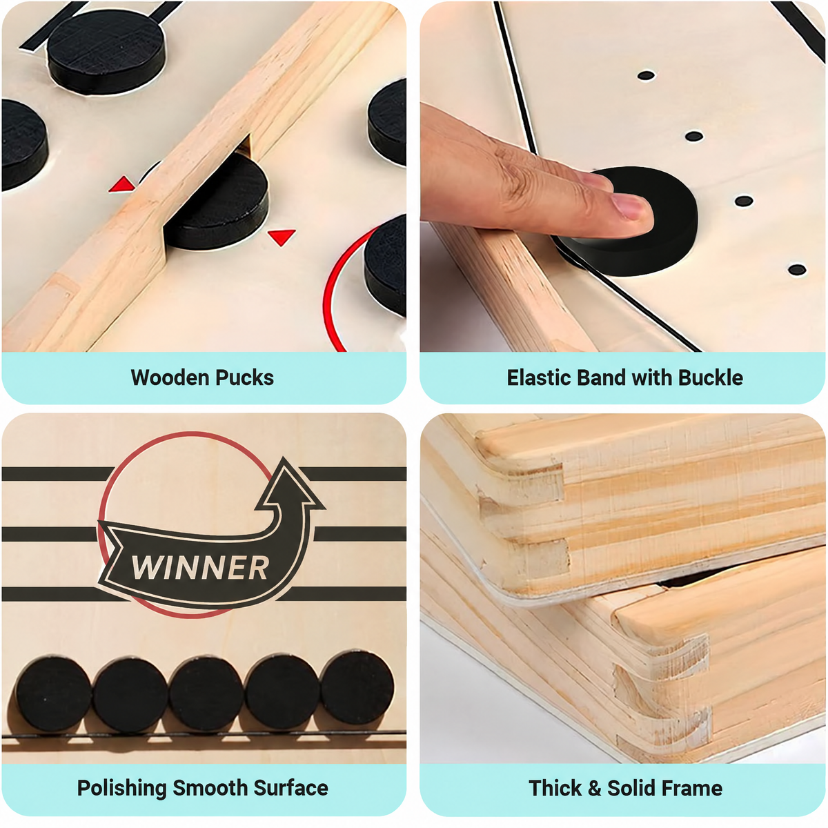 Close-ups: wooden pucks, elastic band with buckle, smooth surface and solid frame