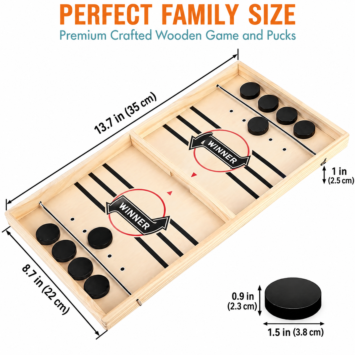 Sling puck game dimensions: 13.7 x 8.7 in (35 x 22 cm), pucks 1.5 in (3.8 cm)