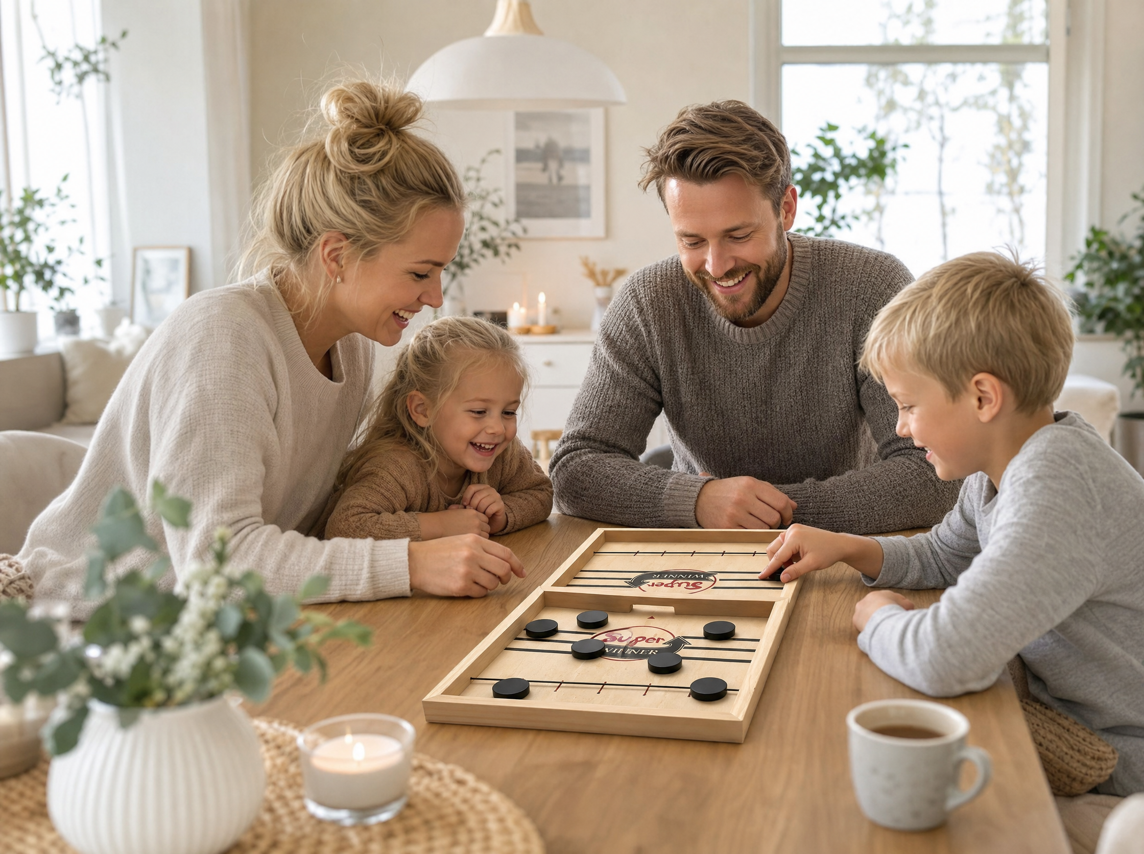 Familj spelar Fast Sling Puck tillsammans Bild