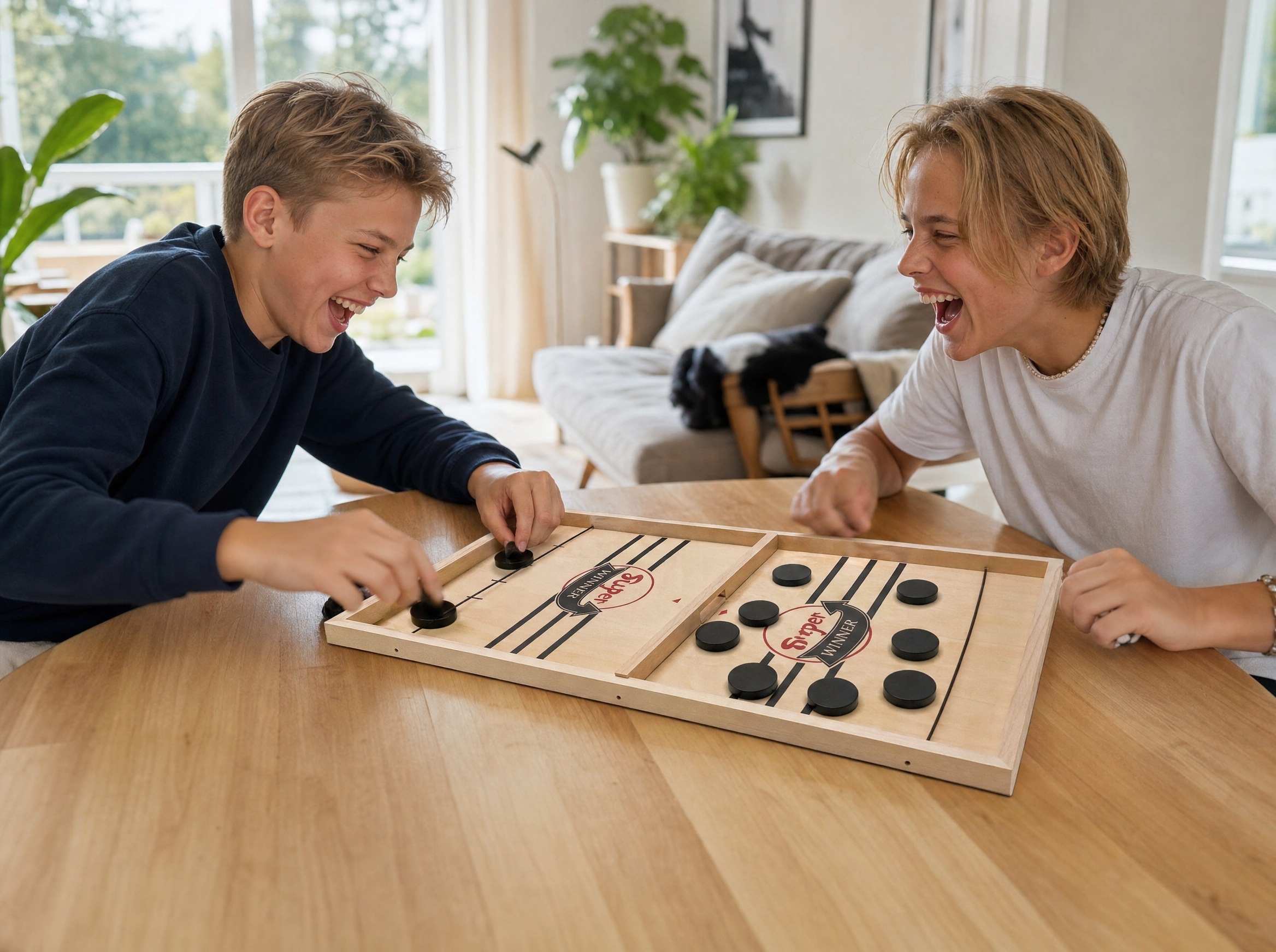 Två vänner spelar Fast Sling Puck och skrattar Bild